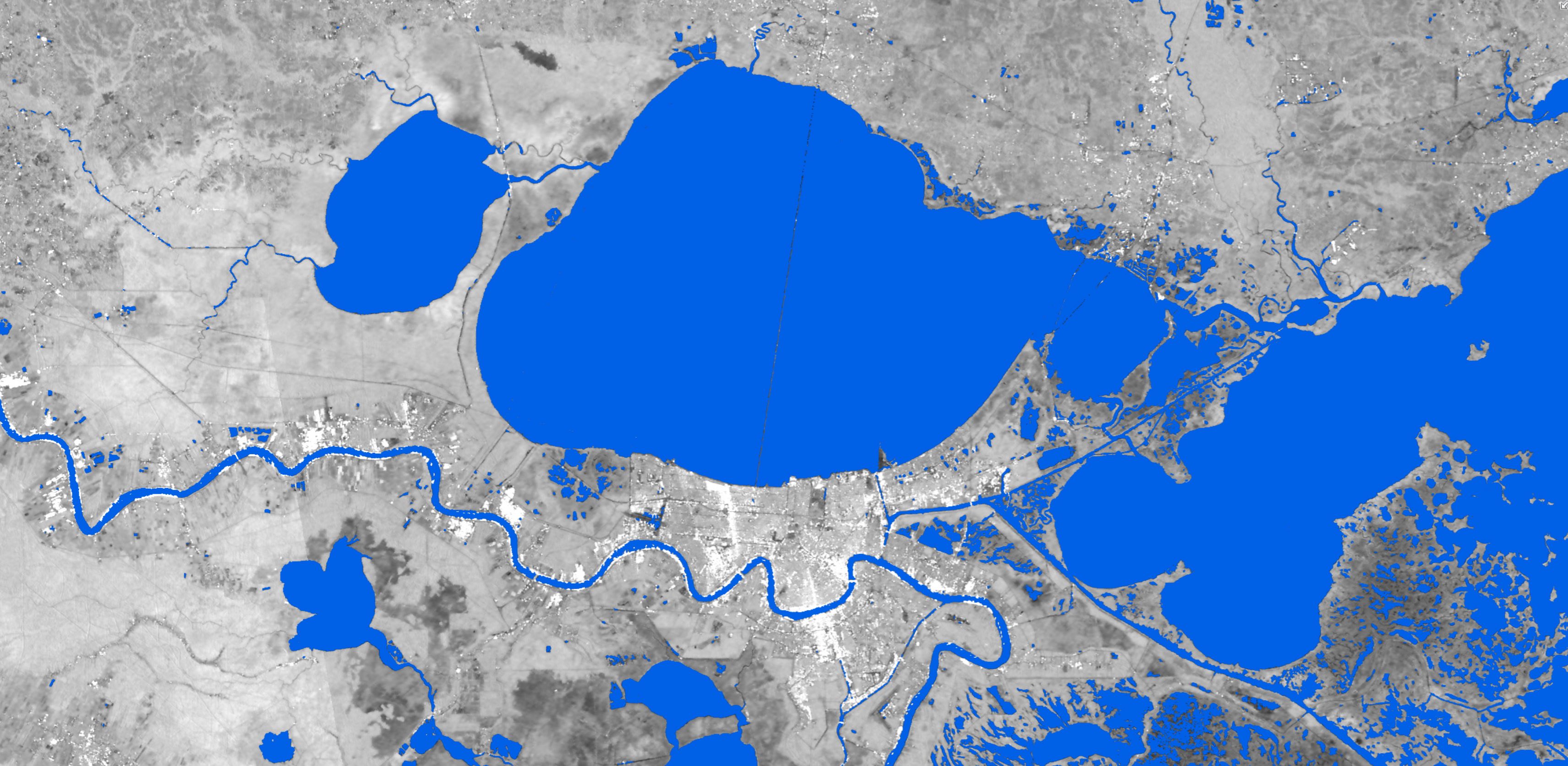 An image using synthetic aperture radar data from a satellite shows surface water near New Orleans on Aug. 29, 2021, in blue.