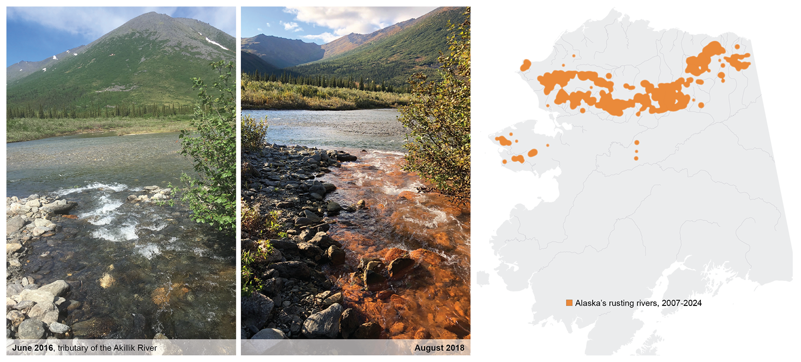 Before and after image of a river that rusted, also a map of all the rusting rivers in Alaska. 