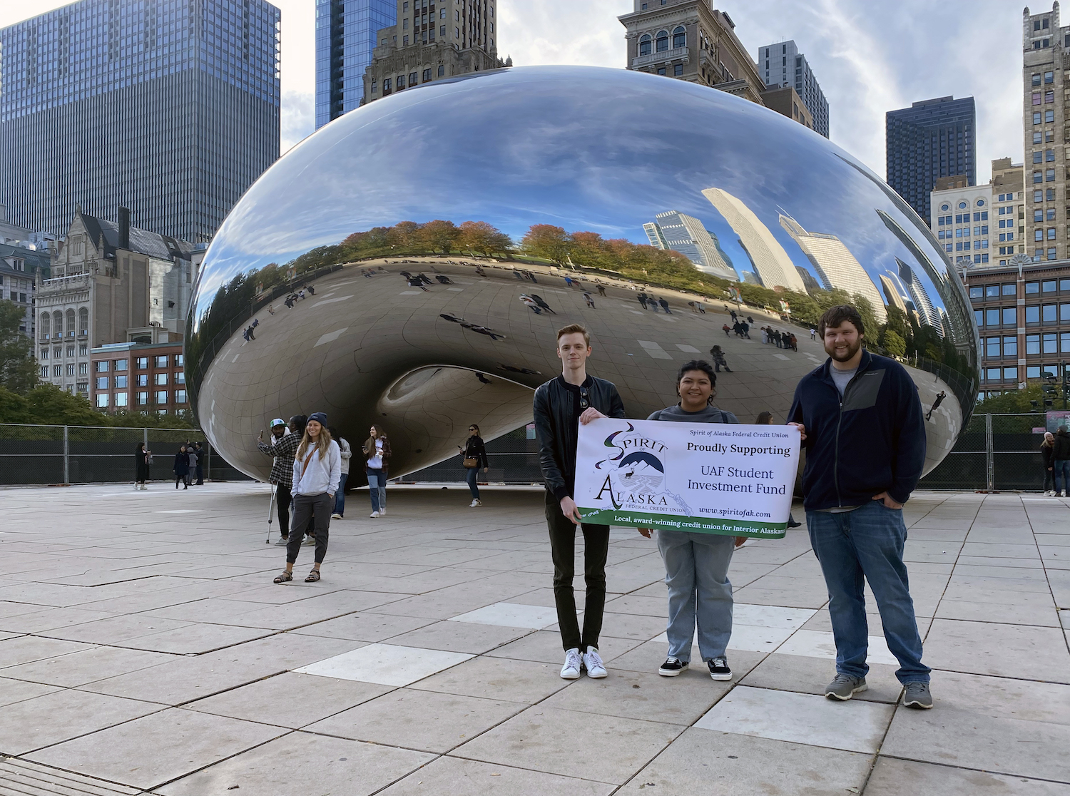 Students Nikolai Unruh, Jenifer Garcia and Bryan Sauer visit "The Bean" (officially titled “Cloud Gate”) sculpture during their trip to the 2021 Student Managed Investment Fund Consortium Conference in Chicago, Illinois. 