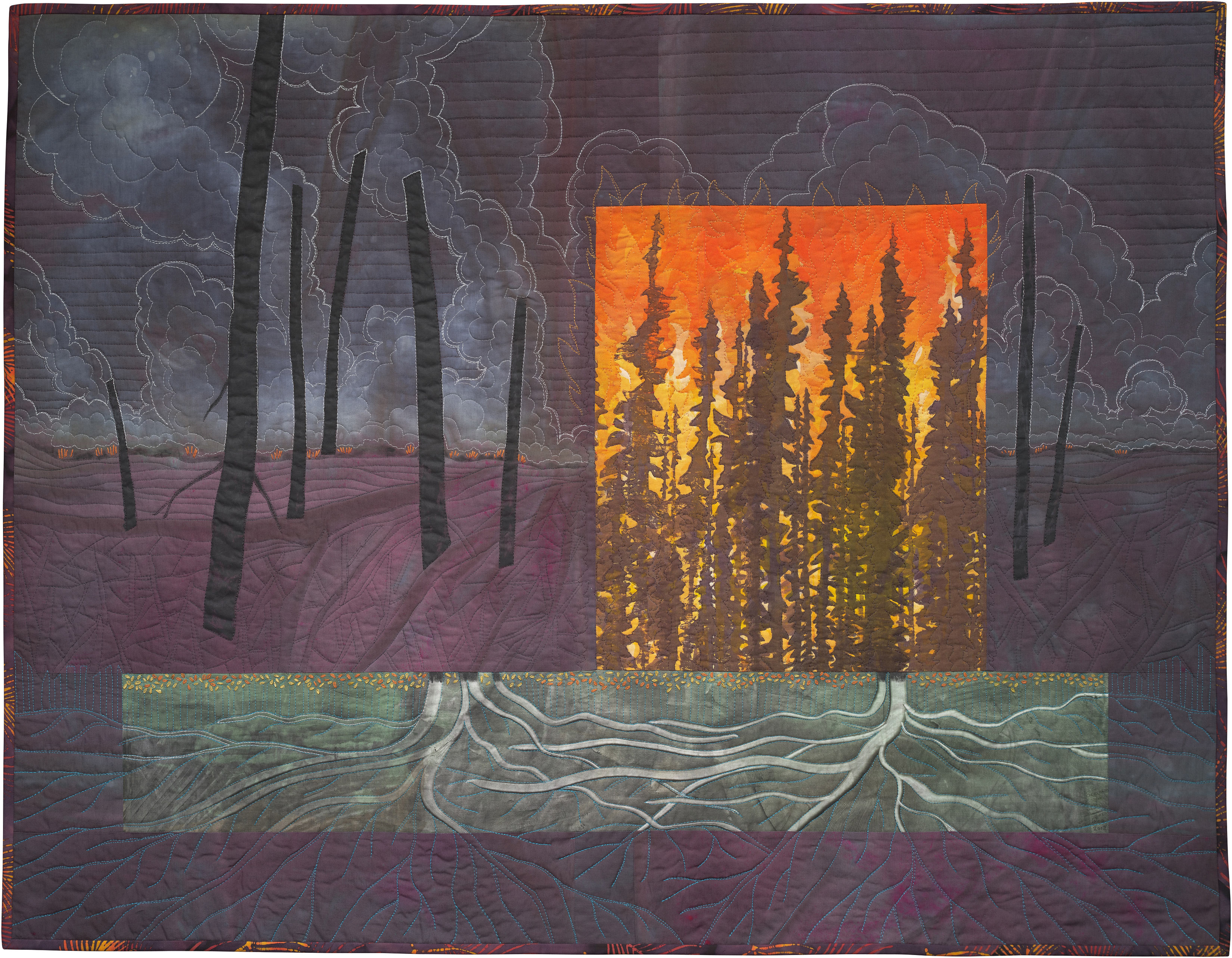 Spruce Smoke is an art quilt that will be included in the Fifth National Climate Assessment by In a Time of Change artist Ree Nancarrow.