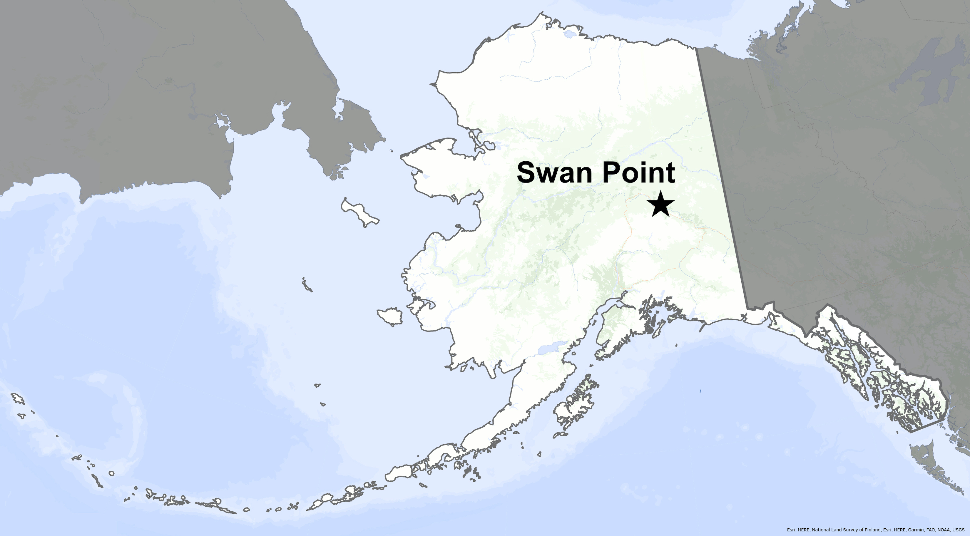 A star on a map of Alaska denotes the location of Swan Point.