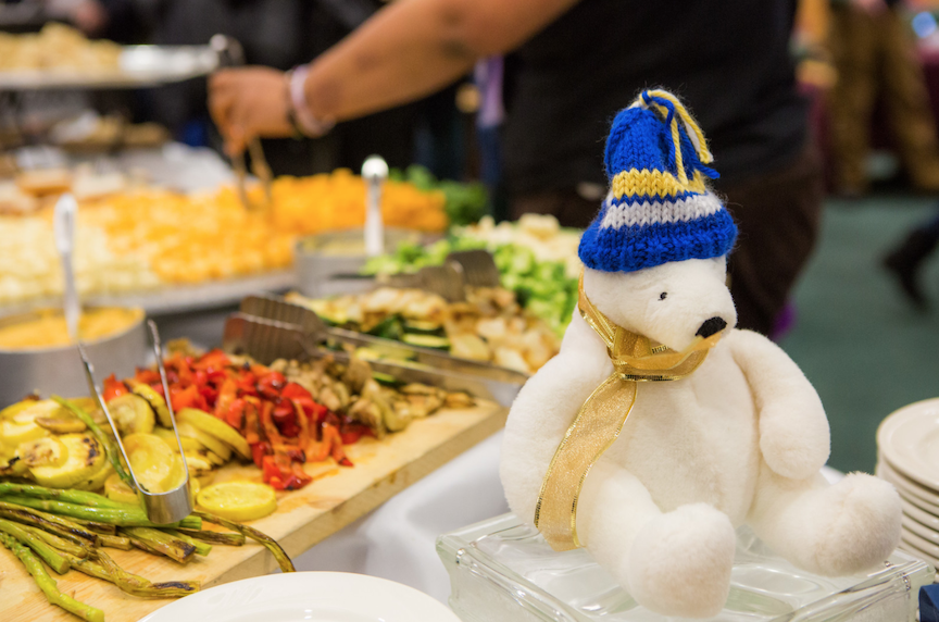 stuffed Nanook sitting on buffet table