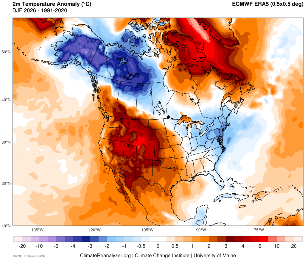 A map of North America shows areas where the average 2025-2026 winter temperature, in blue and purple, was below the recent climate normal and, in orange and red, was above the normal.