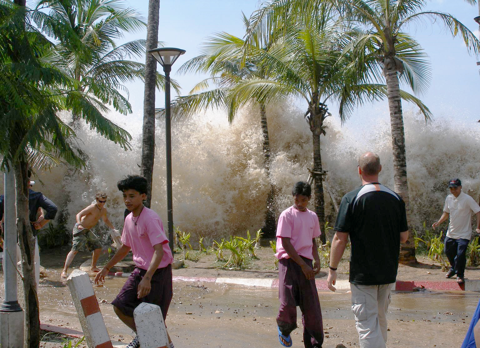 A large wave hits palm trees with people running in the foreground