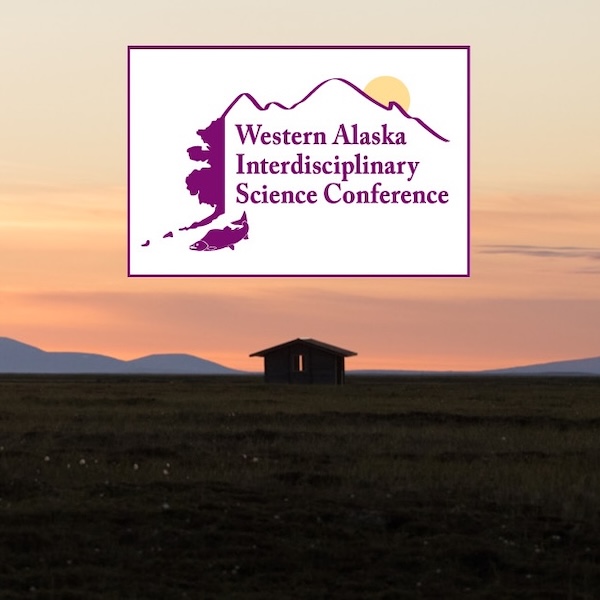 Sunset in Western Alaska with the Western Alaska Interdisciplinary Science Conference logo superimposed at the top of the image.