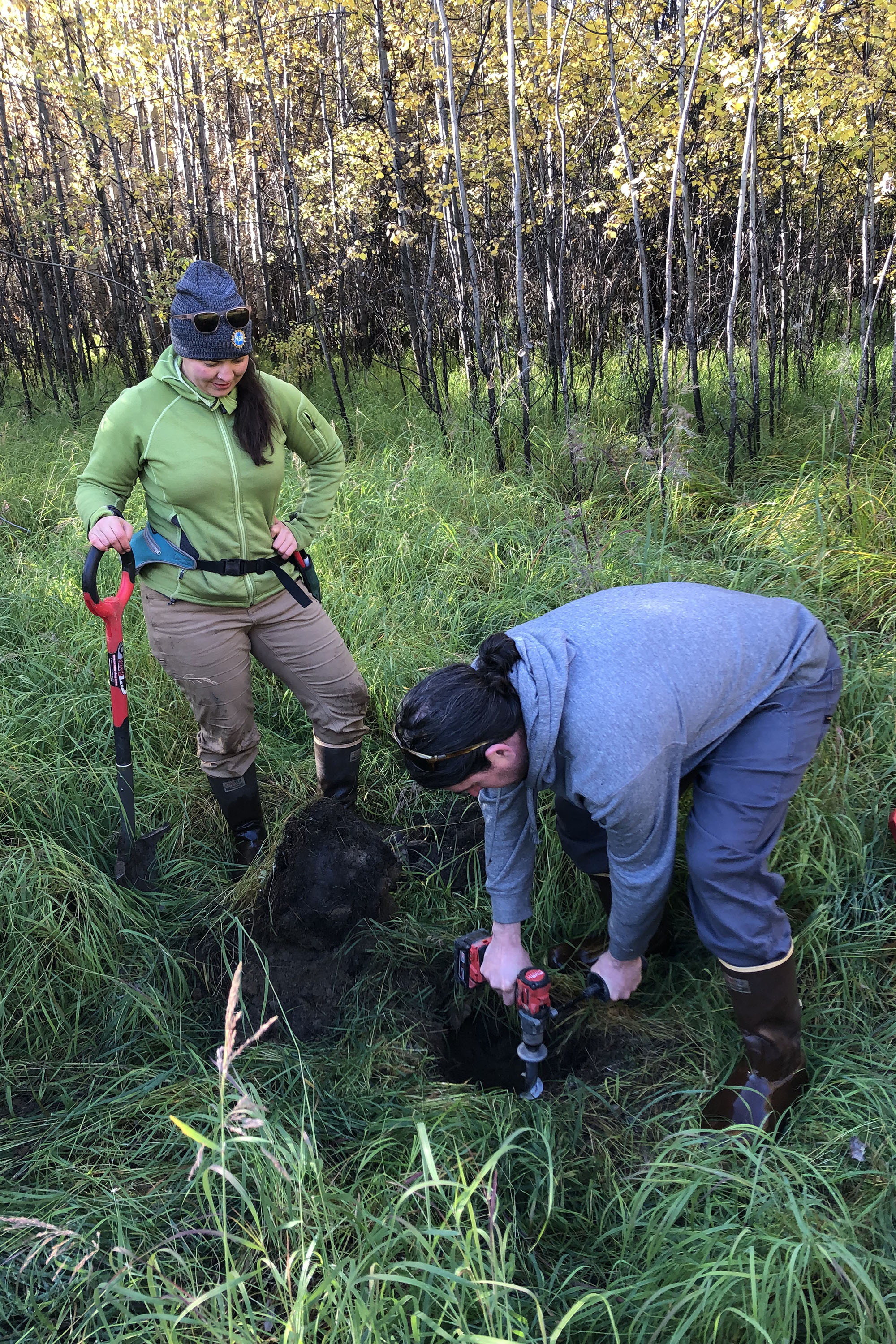 Two people drill a sole in soil