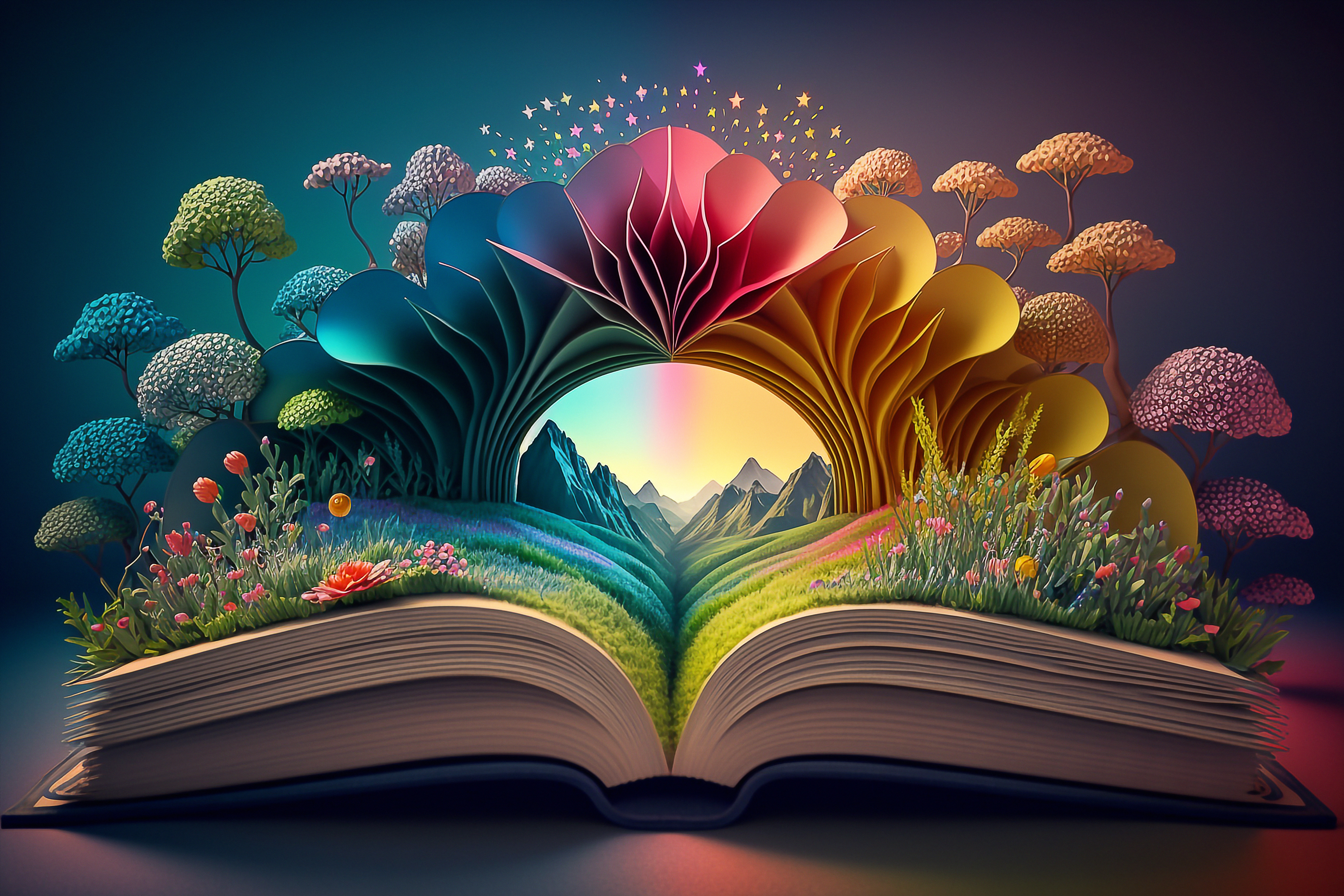 illustration of an open book with flowers and a mountain landscape arising from the pages
