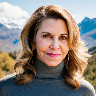 Portrait of a woman with blonde hair wearing a grey turtleneck.