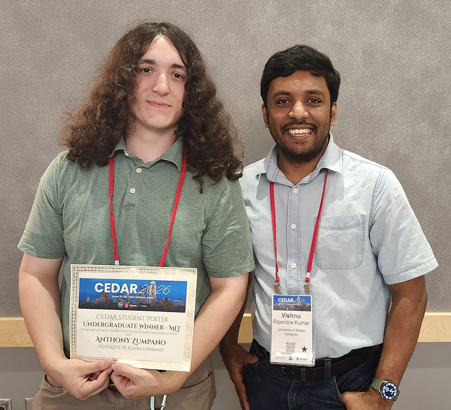 Anthony Zumpano (left) and Vishnu Rajendra Kumar (right) at the National Science Foundation Coupling, Energetics and Dynamics of Atmospheric Regions conference on June 26, 2026.