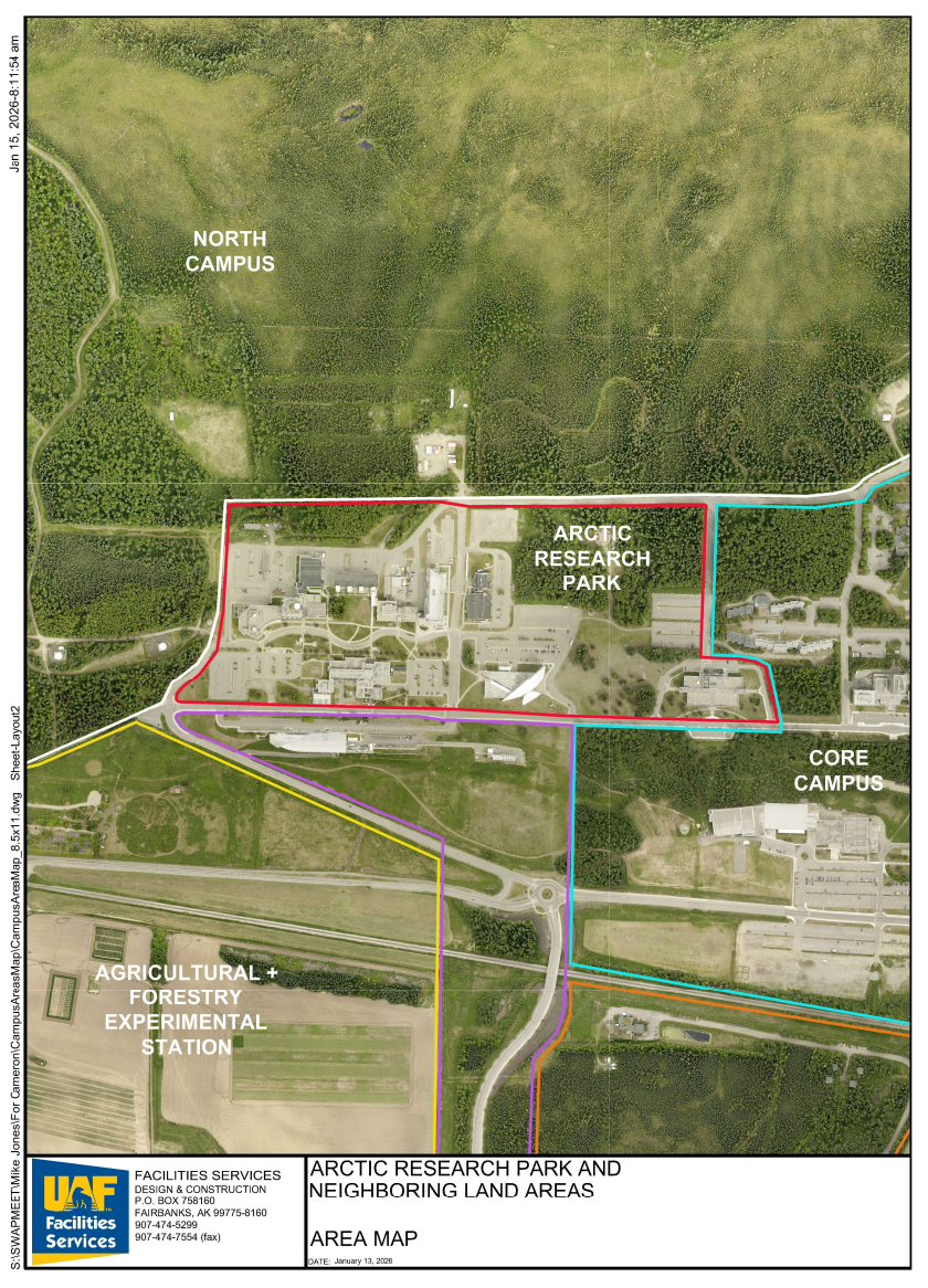 The physical boundaries of the UAF Arctic Research Park include the primary research corridor of the West Ridge.