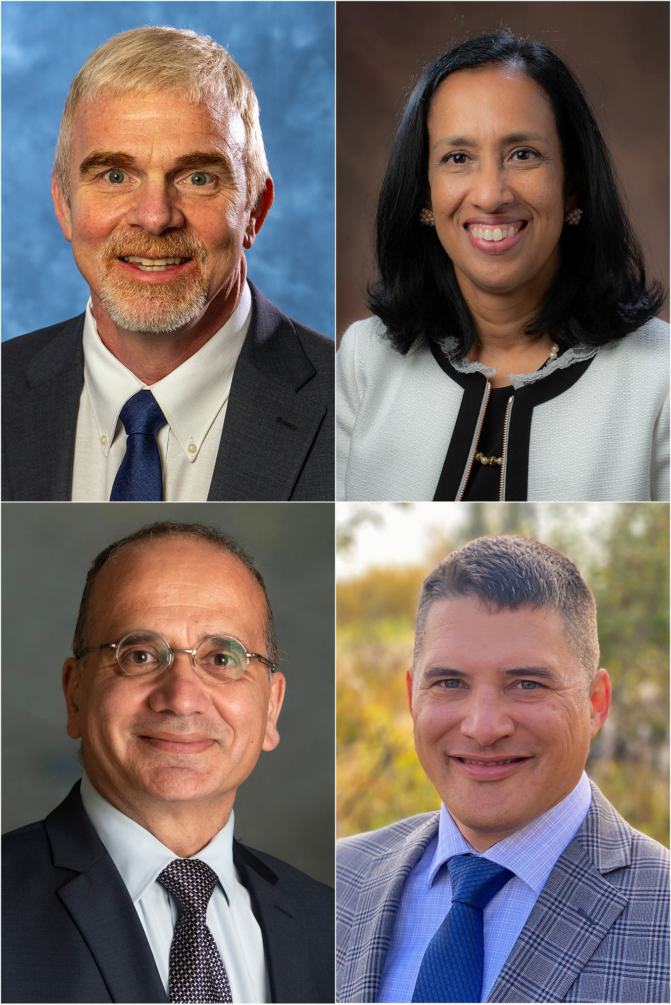 Composite image composed of head-and-shoulders portraits of the UAF chancellor candidates: Bill Schnabel, Beena Sukumaran, Houssam Toutanji and Russ Vander Lugt.