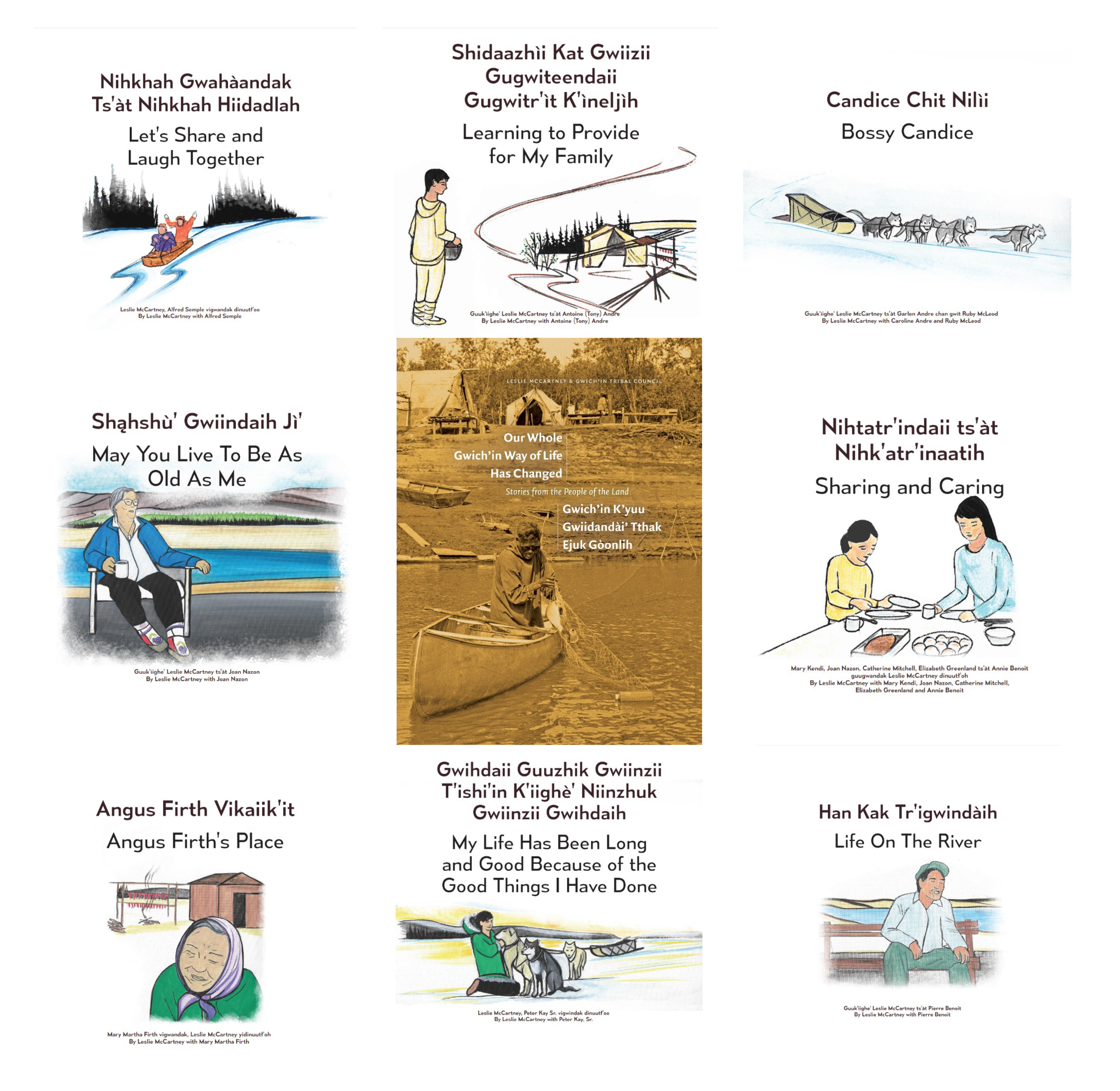 A collage of the eight Gwich’in children’s storybook covers. Gwich’in artist Linda Wright created the illustrations.