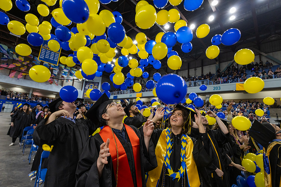 The balloon drop during the 2025 University of Alaska Fairbanks Commencement Ceremony on May 3, 2025, at the Carlson Center.