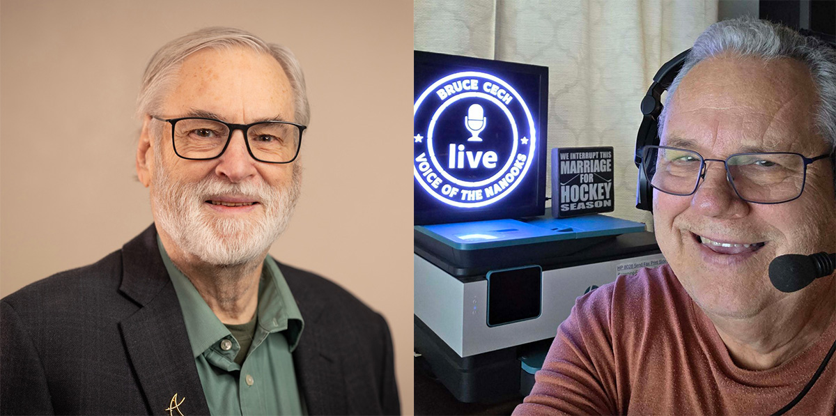A collage of two portraits. On the left is a head-and-shoulders portrait of John Davies. On the right is a close-up shot of Bruce Cech in a broadcasting studio wearing a mic, with a lighted sign in the background that reads, 