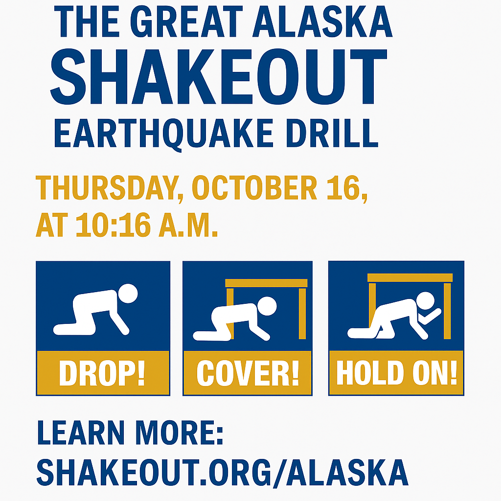A ShakeOut graphic demonstrating drop, cover and hold on with the local earthquake drill date and time included