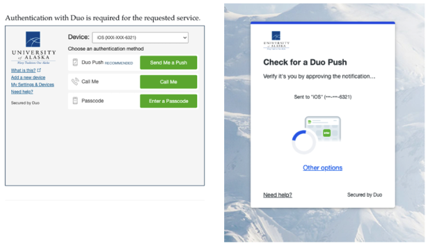 Screen captures of old and new prompts for DUO Multi-factor Authentication requests.