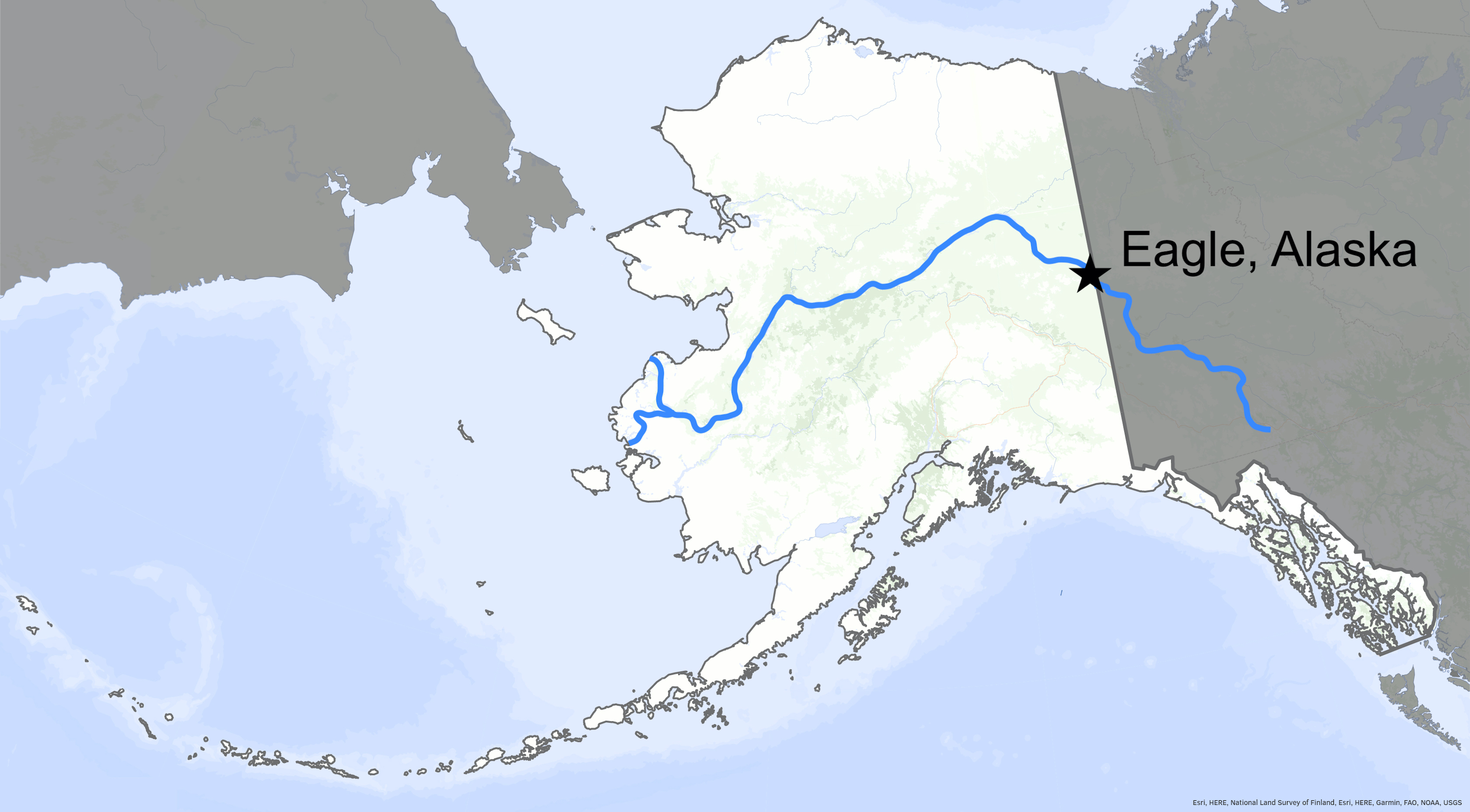A map of Alaska shows the location of Eagle with a star and the Yukon River with a blue line.