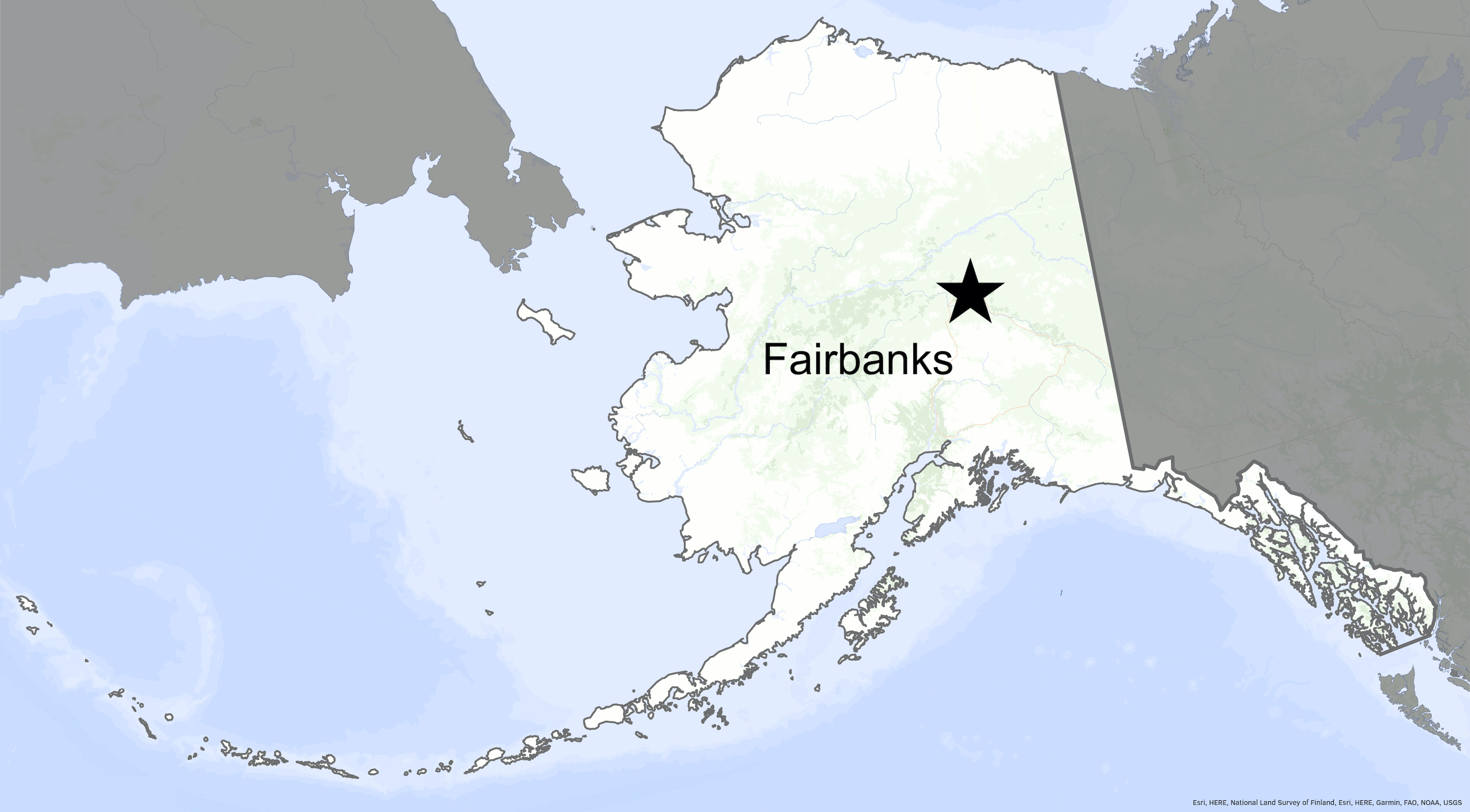 A star on a map of Alaska shows the central location of Fairbanks.