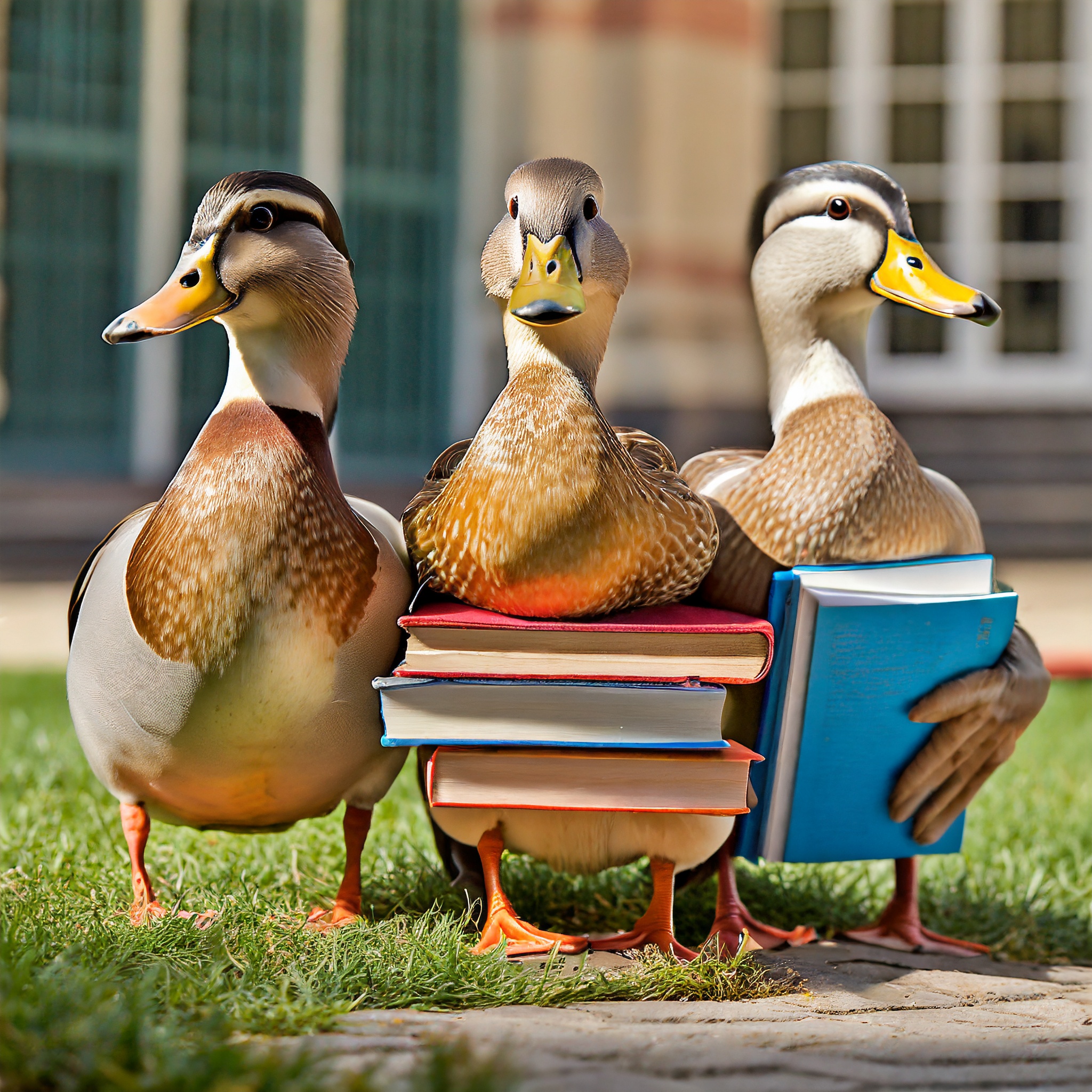 three ducks holding books on a college campus