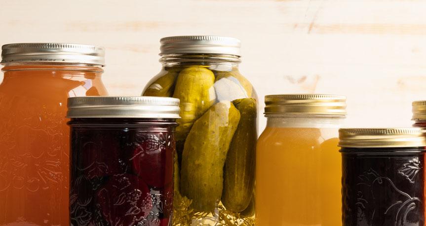 Home-canned jars of fruit and vegetables.