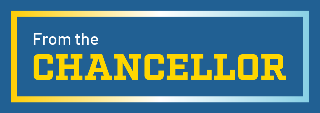 Blue box with a yellow and blue gradient line with the text 