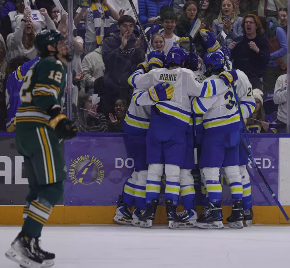 The Nanooks celebrate a goal against UAA in game two of the 2025-26 Alaska Airlines Governor’s Cup series.