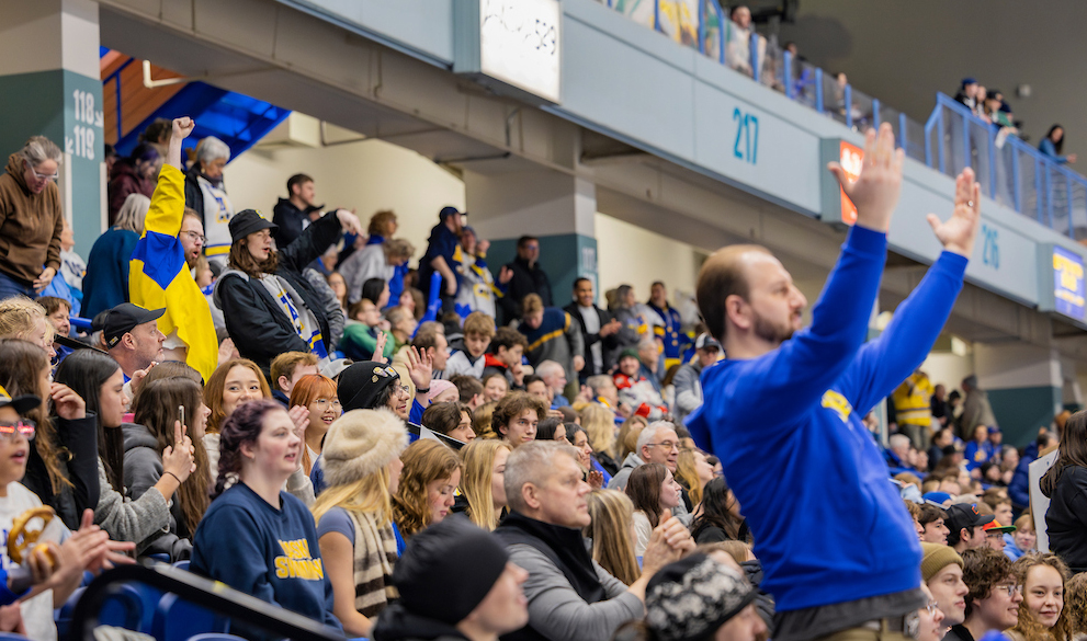 Nanooks fans celebrate a goal during a University of Alaska Fairbanks hockey game.