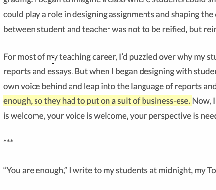 Animation of someone annotating text within Hypothesis tool.
