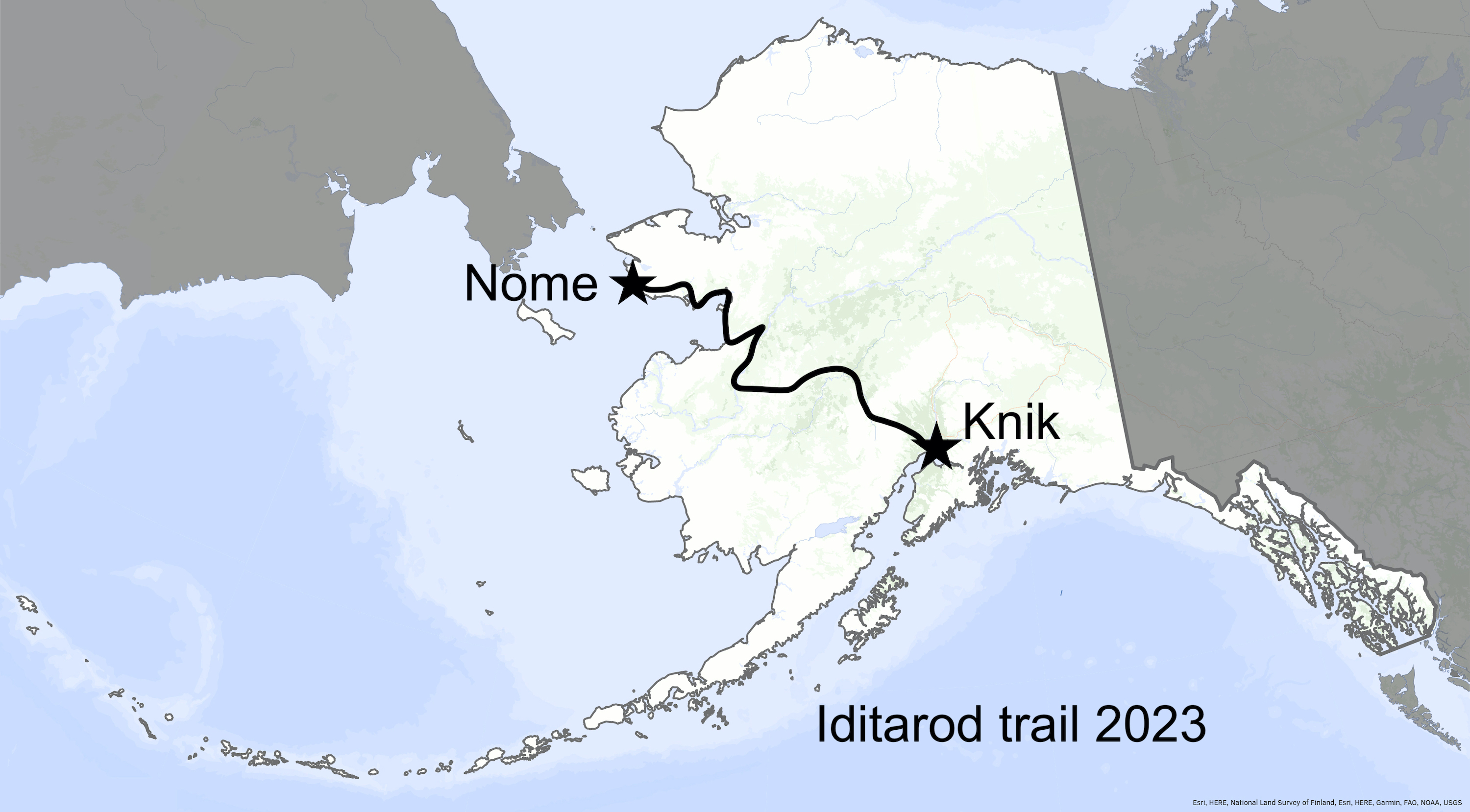 A line on a map of Alaska indicates the route of the 2023 Iditarod Trail.