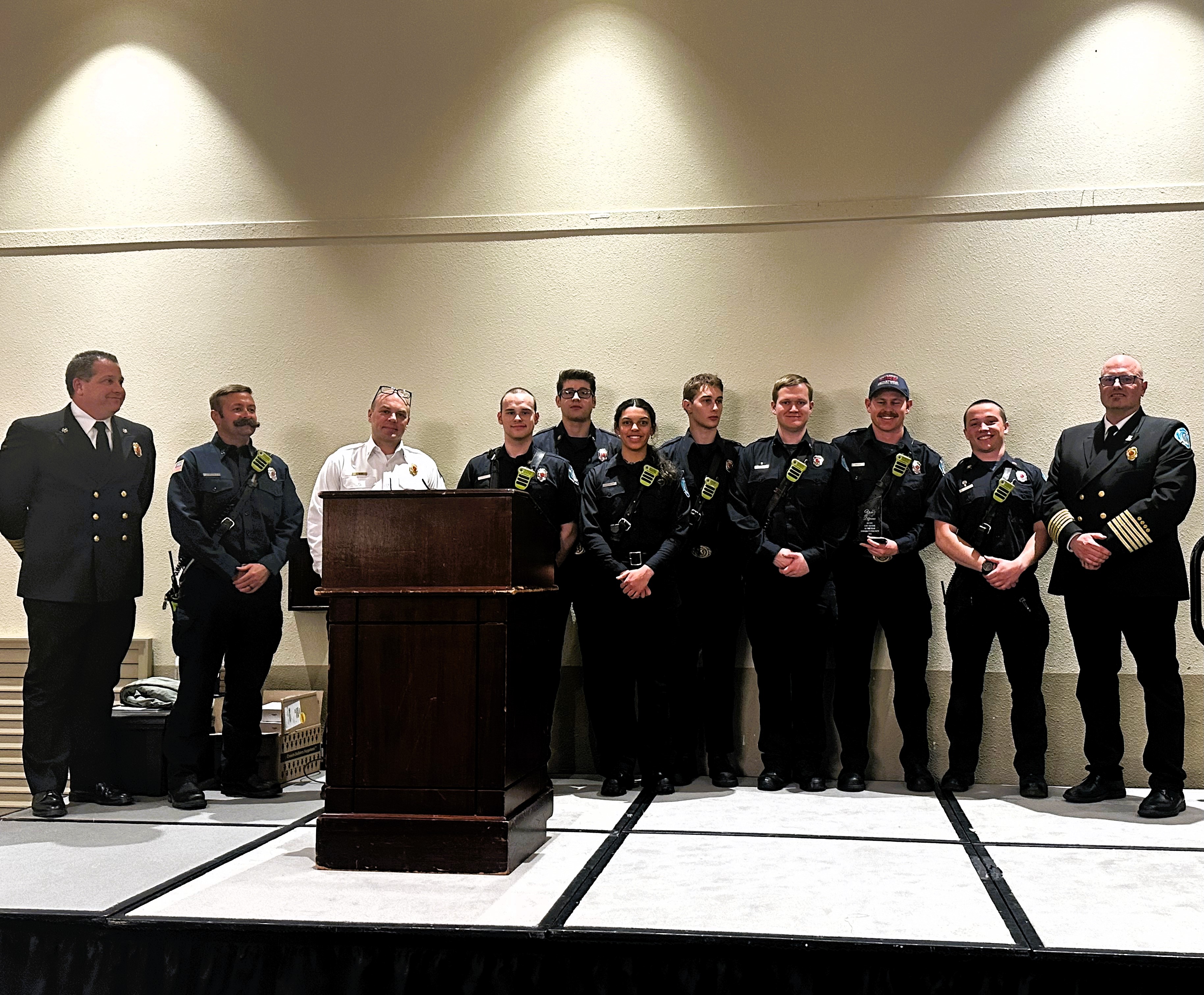 University firefighters receive the EMS service of the year award at the Interior Region Emergency Medical Services awards banquet on April 5, 2024.