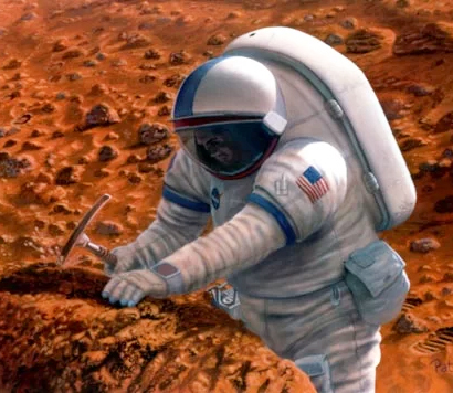 Artists concept of an astronaut examining a rock sample on Mars.