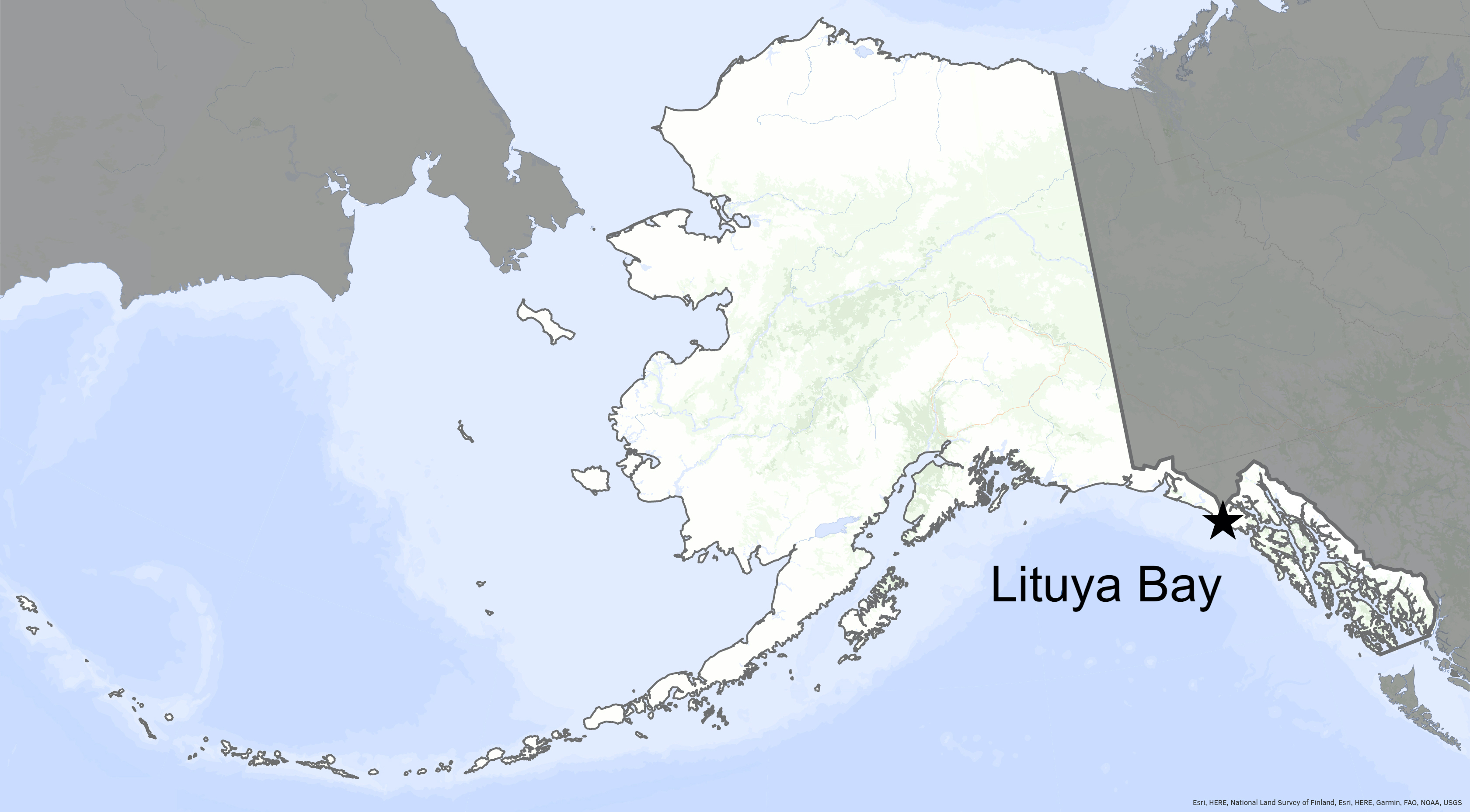 A star on a map marks Lituya Bay's location in Southeast Alaska.