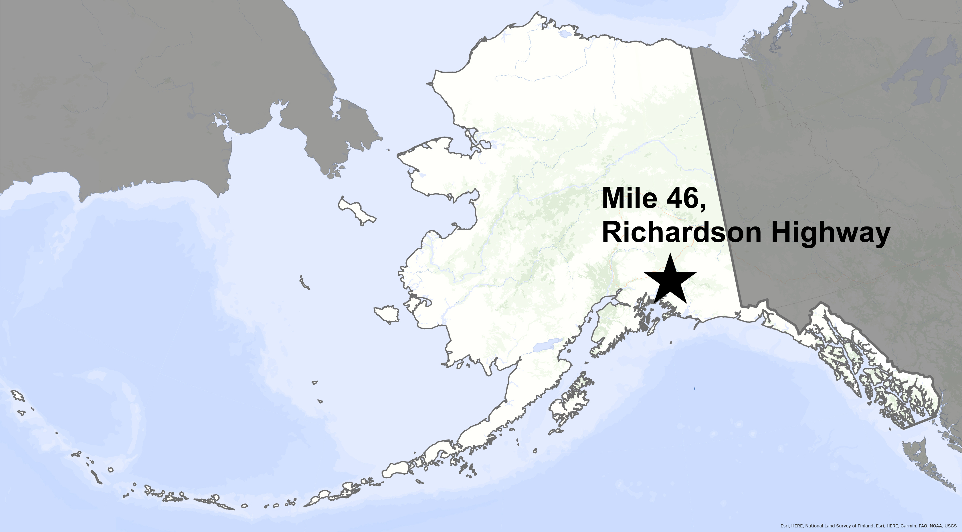 A map of Alaska with a star in the lower southeast corner to mark mile 46 of the Richardson Highway