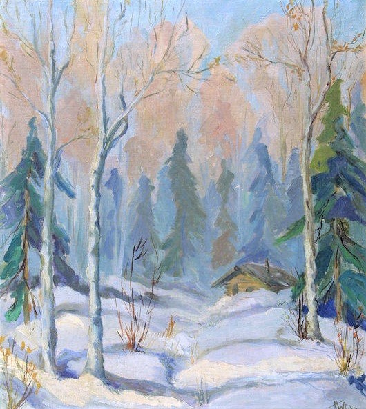 A painting of a cabin in the snowy woods