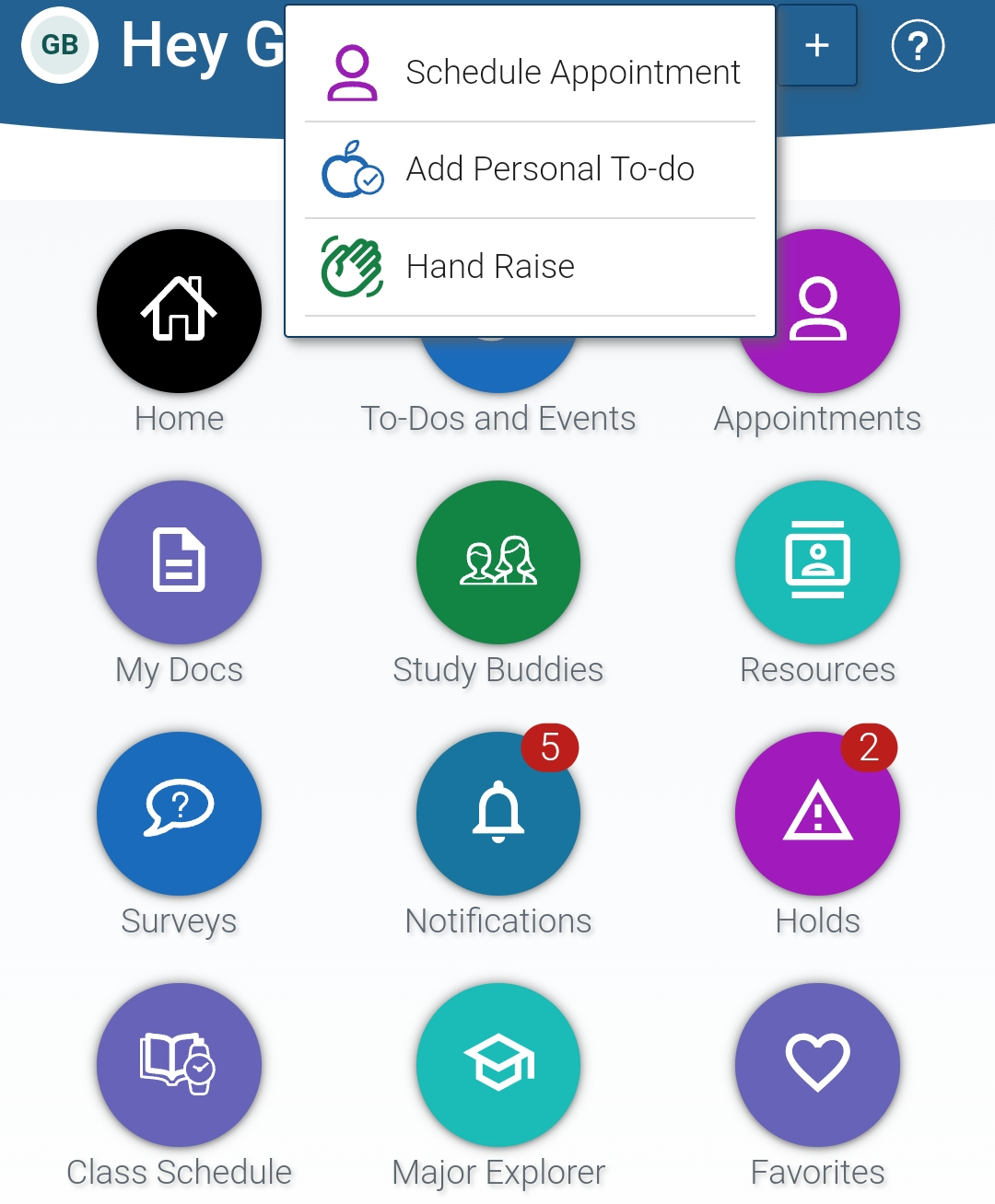 Screenshot of the Navigate Student app home screen.