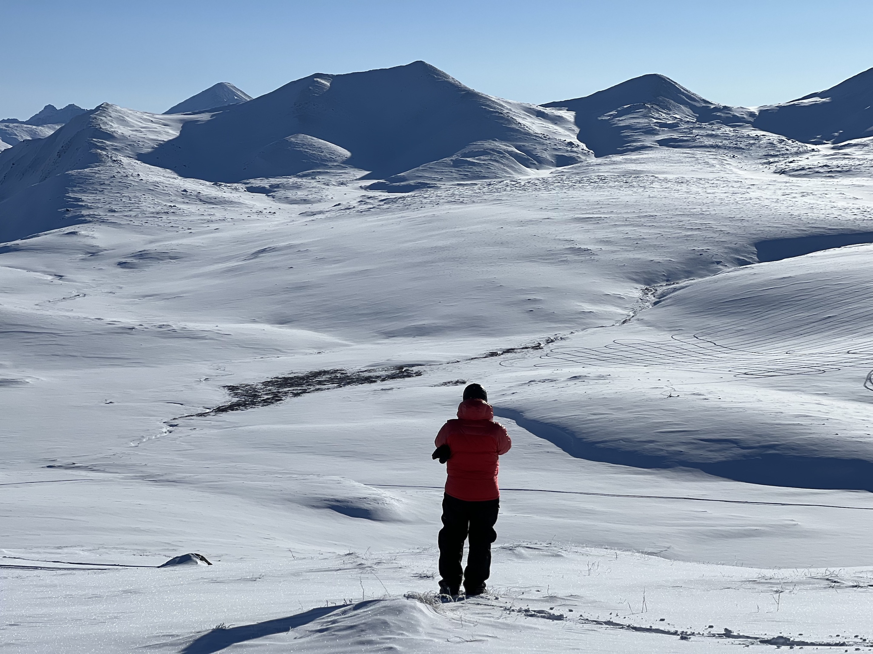 A person in a red down jacket and black snow pants stands facing away from the camera in the midst of a vast snowy landscape.