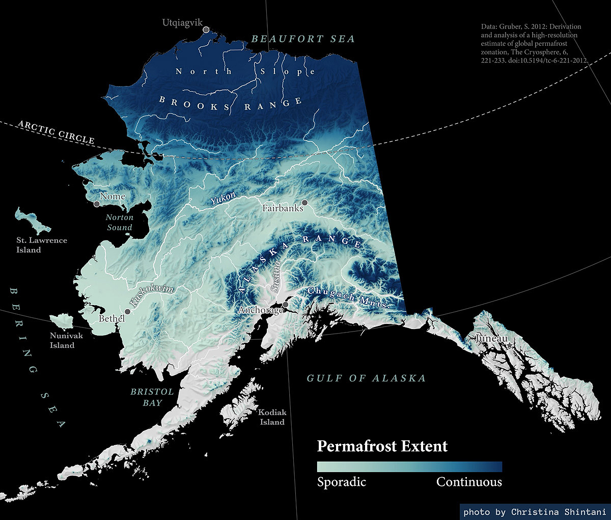 Image by Christina Shintani showing a map of permafrost extent in Alaska.