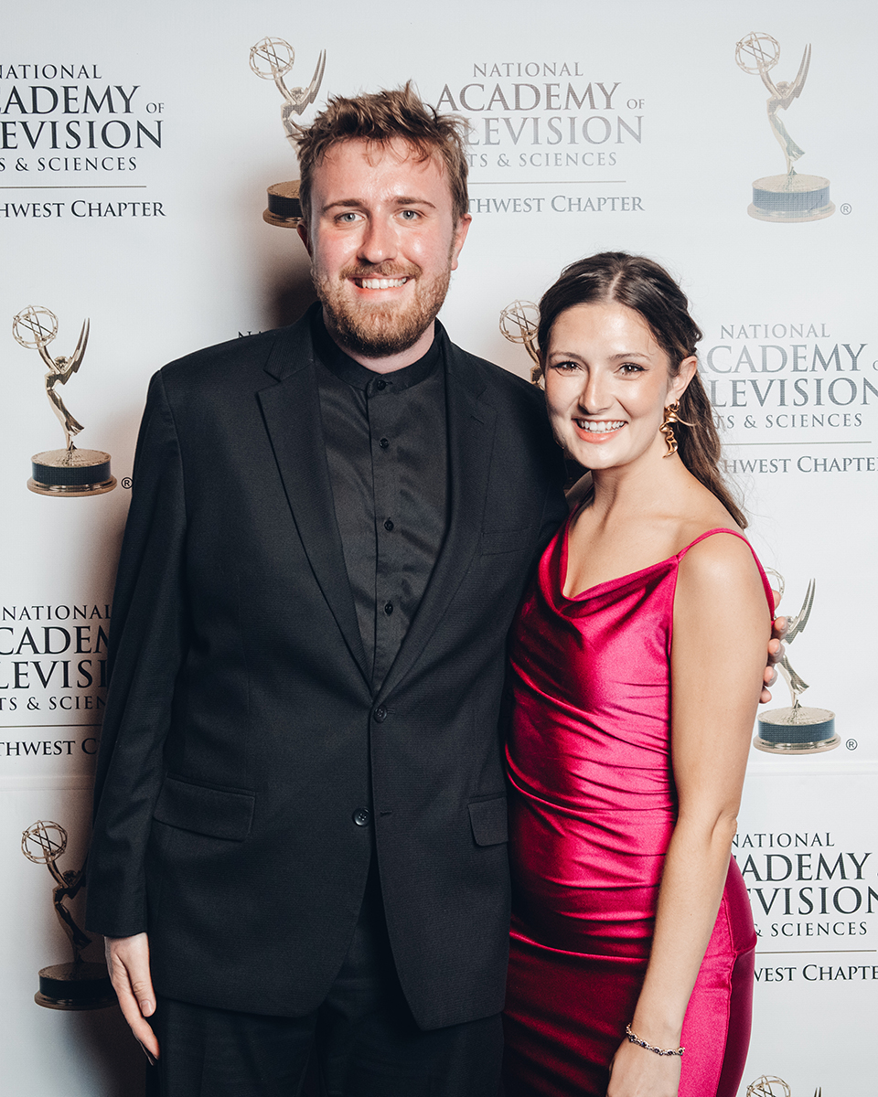 University of Alaska Fairbanks space physics student Vincent Ledvina and UAF University Relations videographer Isabella Colello stop for a photo at the Northwest Regional Emmy Awards.