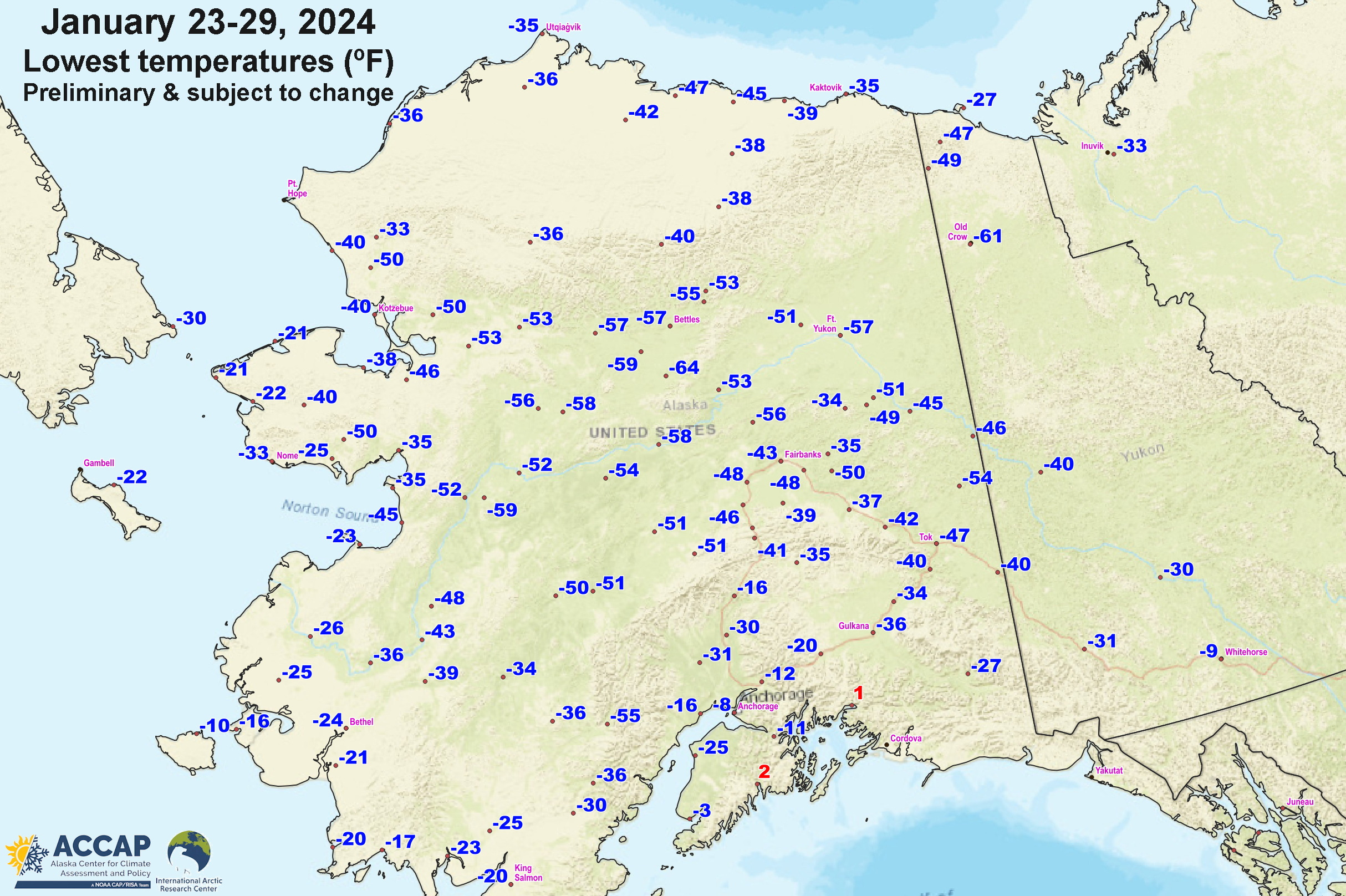 a map of Alaska with showing low temperatures for Jan. 23-29, 2024