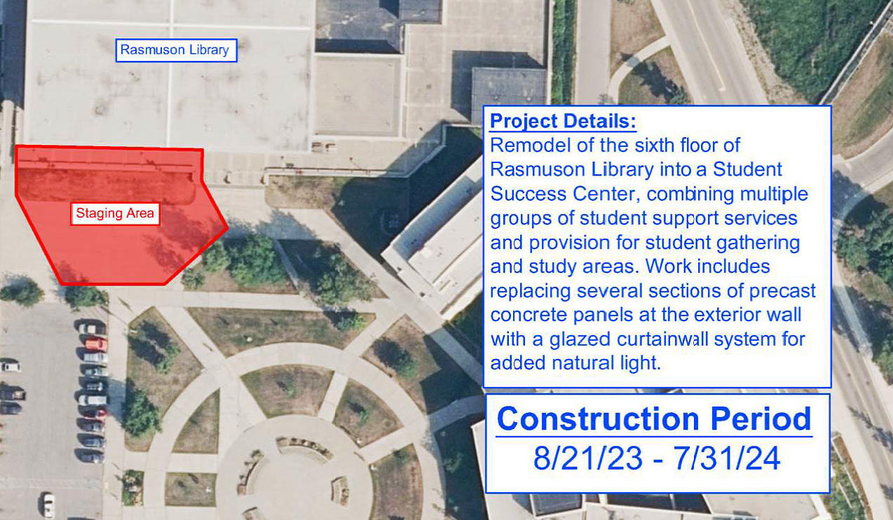 Facilities map of the construction area outside the Rasmuson Library.