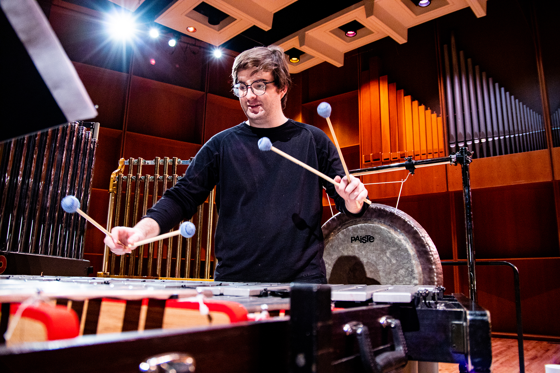 Sean Dowgray, UAF percussion instructor, plays in the UAF Davis Concert Hall. Photo Credit: Scott Hansen