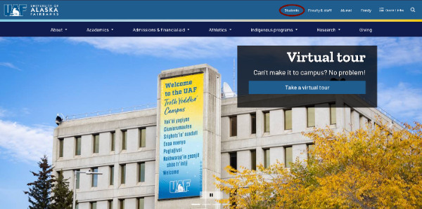 Screenshot of the current students page link on the UAF home page