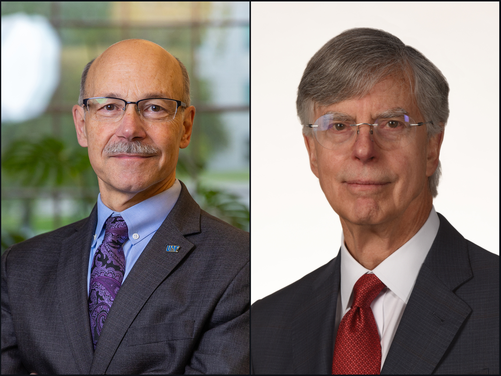 Two portraits of people wearing suits