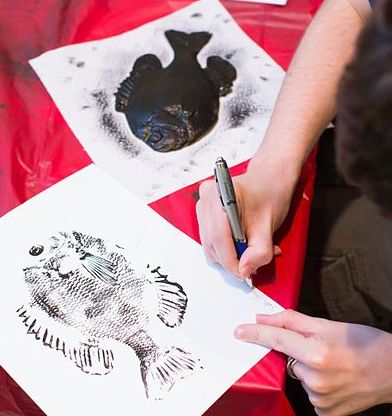 A black and white print of a fish lies on a table beside a dead fish coated in black ink. From out of the frame, a person's hands are seen signing the print with a pen..