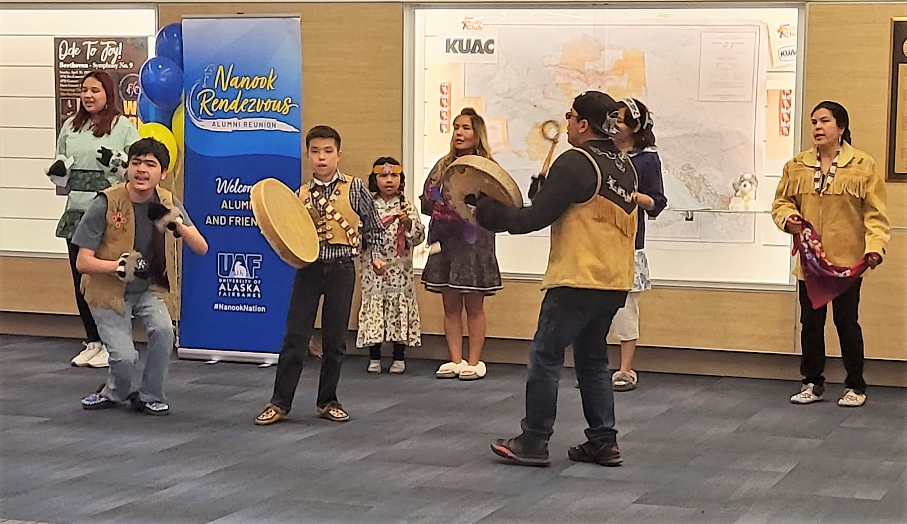 The Troth Yeddha Dance Group, recipients of a 2022-23 grant from the UAFAA Benefactor Fund, welcomes alumni and friends to the Regents' Great Hall during the 2023 Nanook Rendezvous reunion.