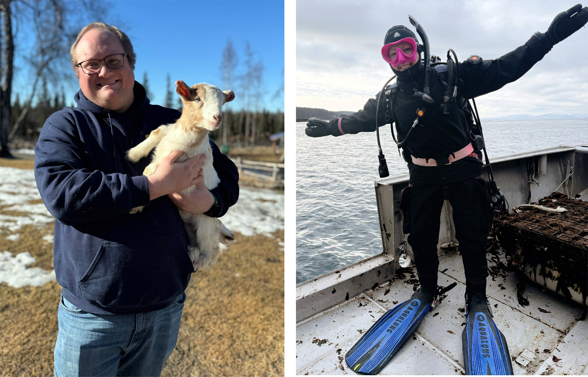 A composite image made of photos of Jim Vinyard standing in a field holding a baby goat and Amy Good wearing a wetsuit and standing on a boat, arms outstretched.