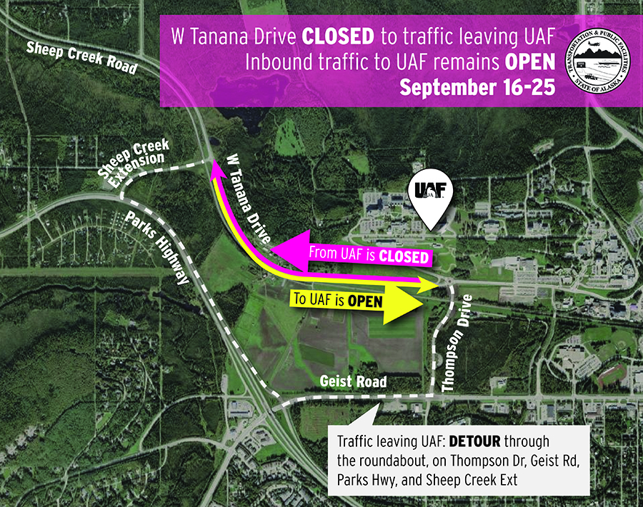 Map showing the road closure and associated detour for traffic headed off campus.
