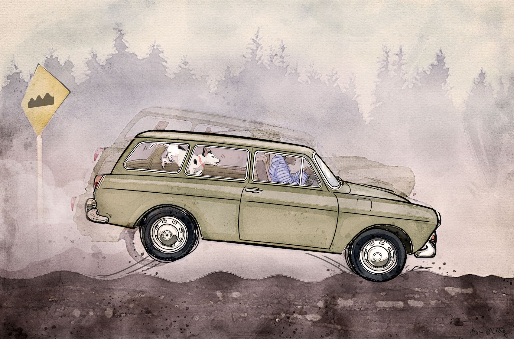 A painting illustrates a wagon-style vehicle bouncing along a bumpy road. A dog in the back of the vehicle is airborne.