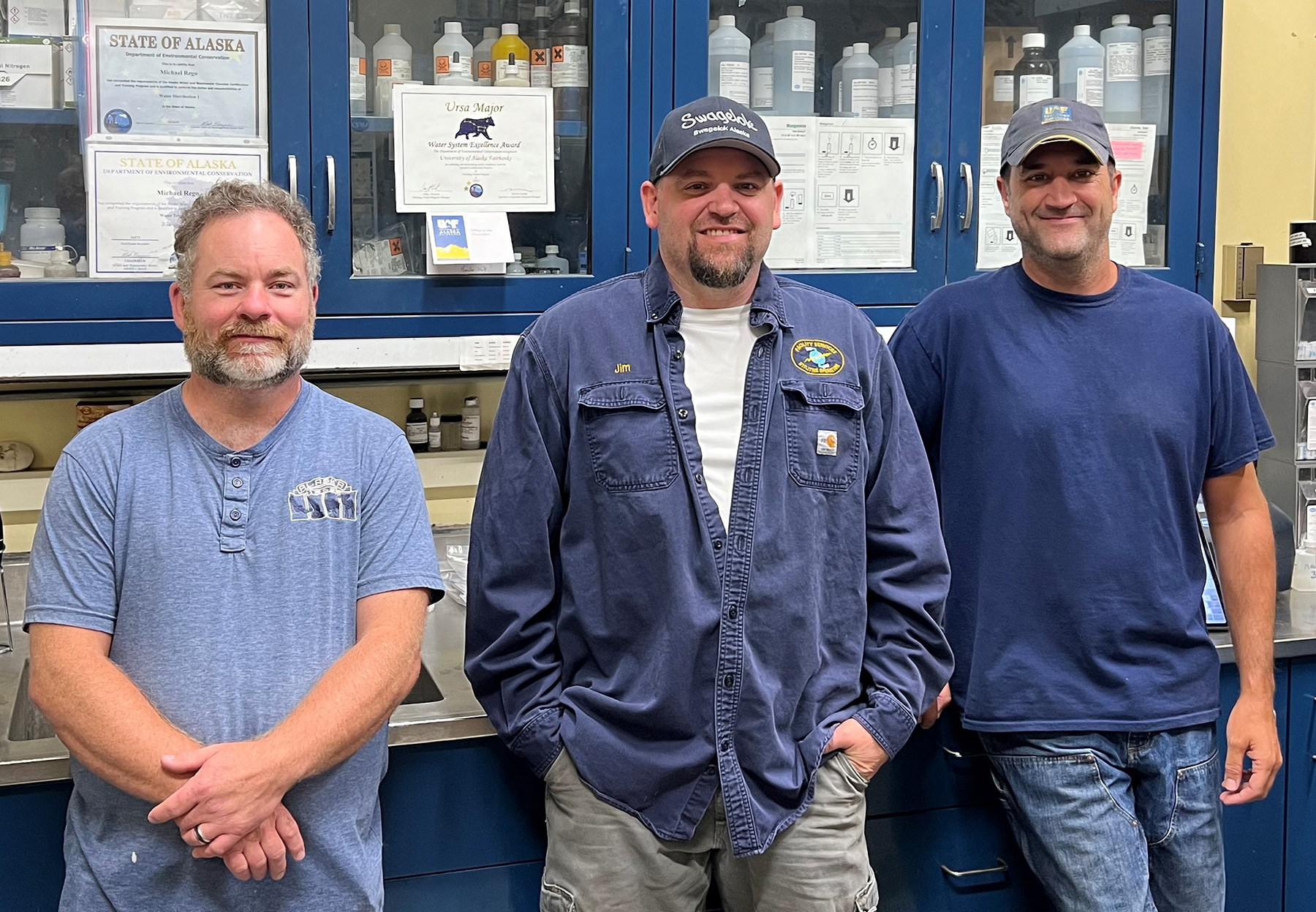 Jereme Granger, James Hocking and Michael Rego, UAF water treatment operators, with their Ursa Major award for Water System Excellence in 2022.