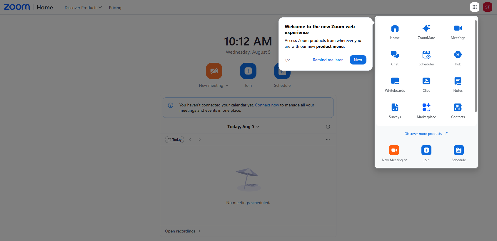 Screenshot showing Zoom's new web experience with a walkthrough.